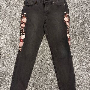 Ruff Hewn Black Jeans with Pink Floral Embroidery